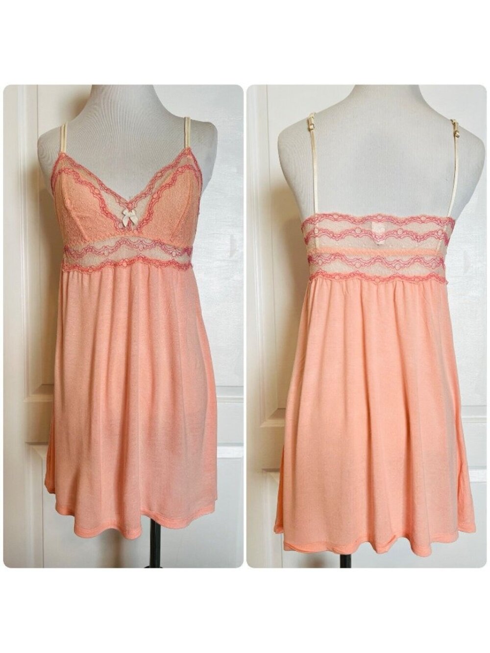 Eberjey Peach Coral Lace Nightgown Babydoll Chemise Slip Dress Nightie Rayon L